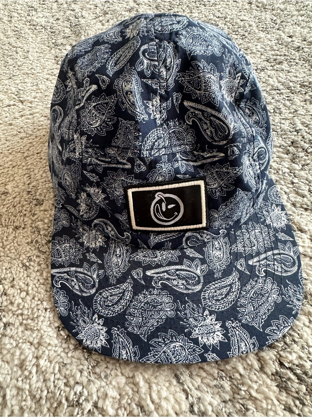 Navy Blue Paisley 5-Panel Hat with Smiley Face Patch Streetwear Cap Yum branded